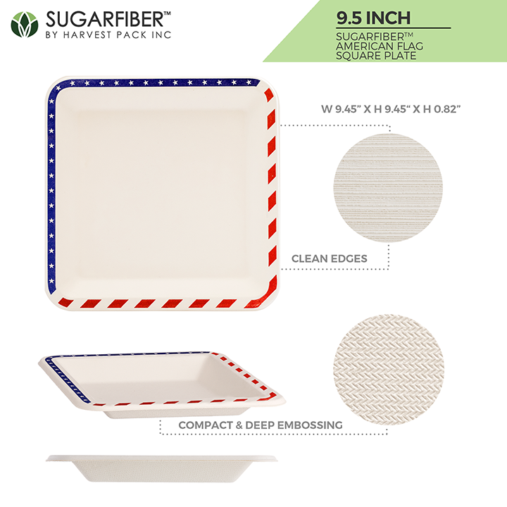 Sugarfiber™ 9.5 inch Square Plates with American Flag Print Sugarfiber™ 9.5 inch Square Plates with American Flag Print